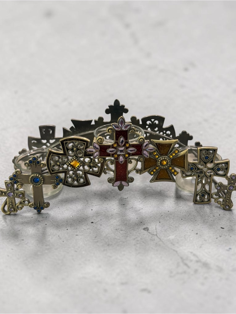 Decorative Metal Votive Holder Featuring Ornate Crosses and Gemstones